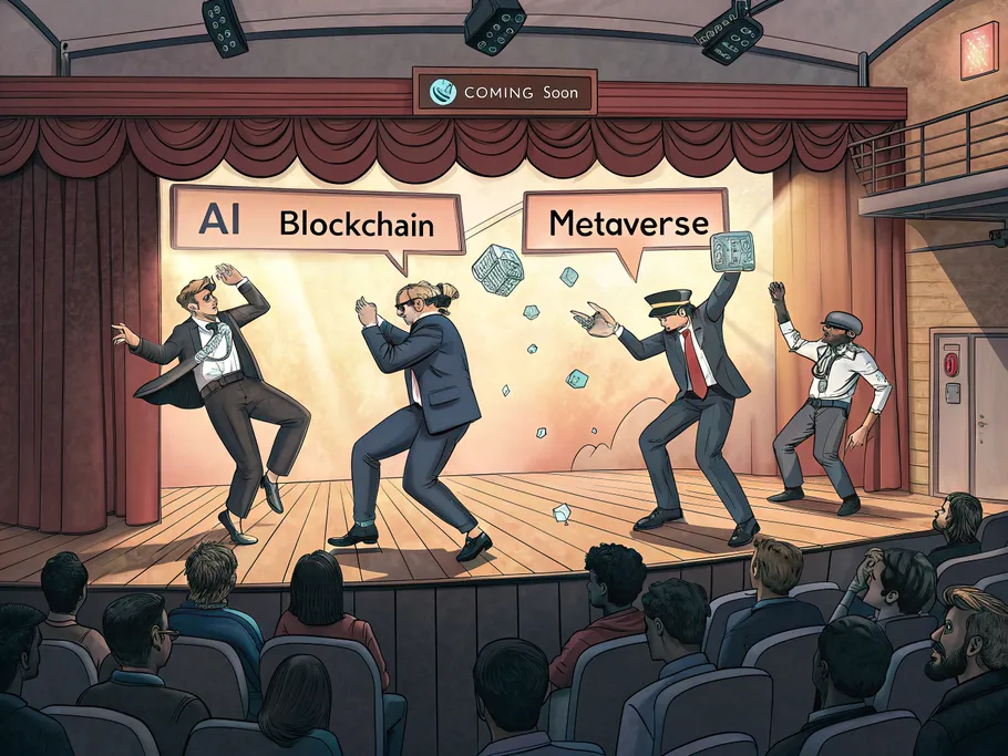 Dramatic illustration of startup founders performing on a theater stage, surrounded by gadgets and buzzwords.