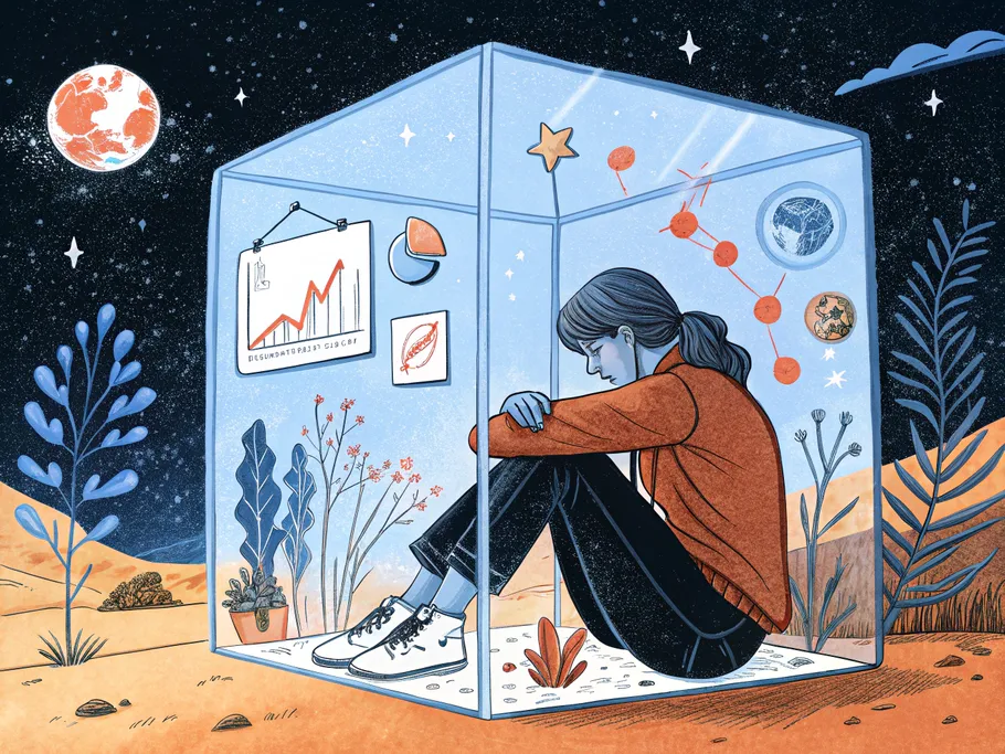 A person inside a glass cube surrounded by startup metrics floating in space, symbolizing the balance between business identity and personal life.