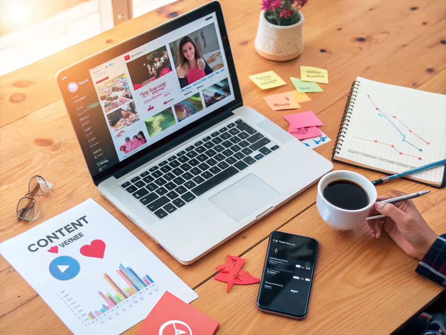 An entrepreneur's workspace showcasing tools for content marketing, including a laptop with social media analytics, a smartphone, sticky notes, and growth charts.
