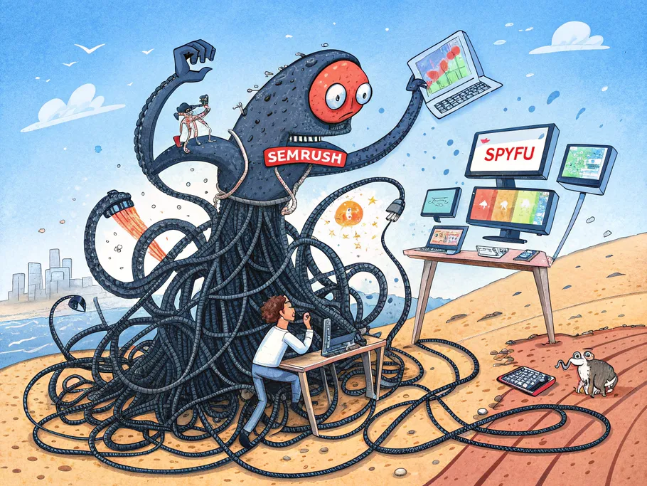 A whimsical octopus-like creature made of tangled computer cables with glowing screens, symbolizing overwhelming SEO tools.