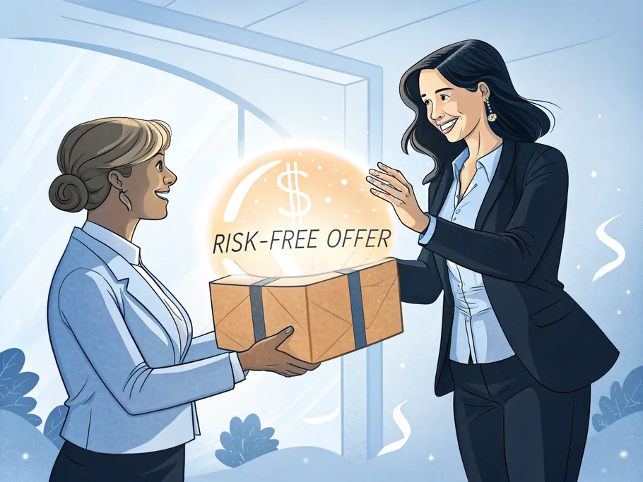 Two business professionals exchanging a glowing orb labeled 'Risk-Free Offer' symbolizing enticing client engagement.