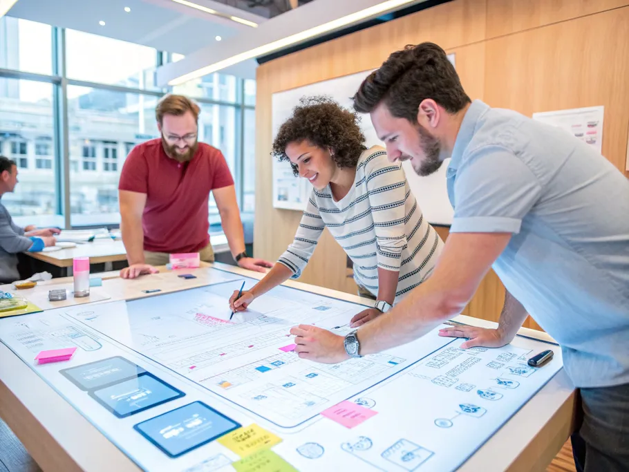 A collaborative workspace where team members and customers engage around a digital table, showcasing open innovation.