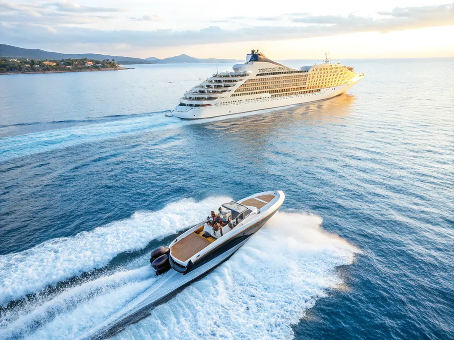 Aerial view of a luxury cruise ship and a modern speedboat in a blue ocean during golden hour.