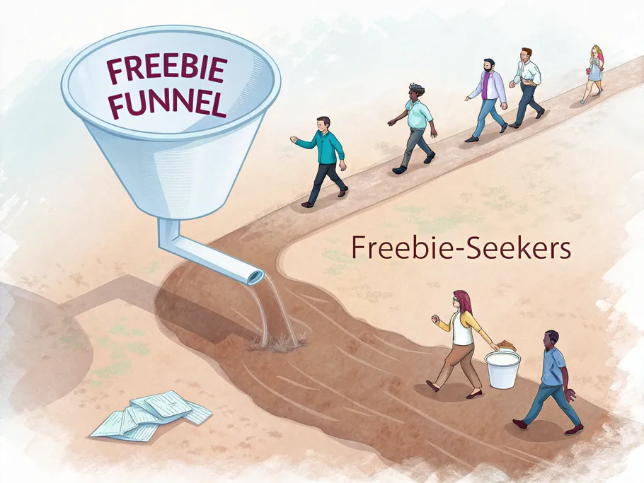Illustration of a 'Freebie Funnel' showing indifferent silhouettes labeled 'Freebie-Seekers' approaching an empty bucket.