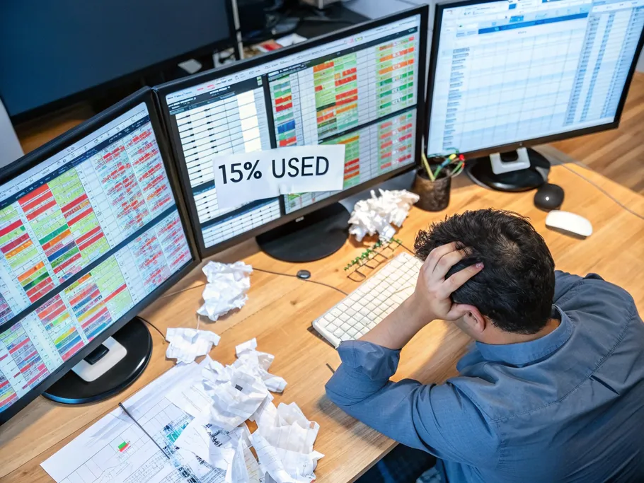 A frustrated entrepreneur surrounded by multiple monitors displaying complex SEO dashboards and crumpled invoices.
