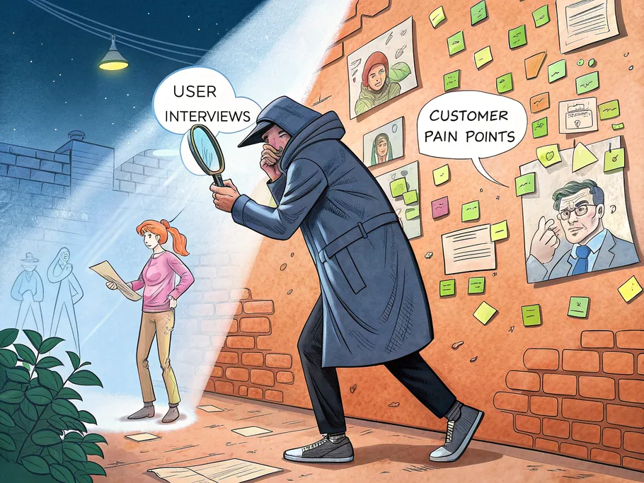 A comic-style illustration of an entrepreneur as a detective examining customer pain points on a wall covered in sticky notes.