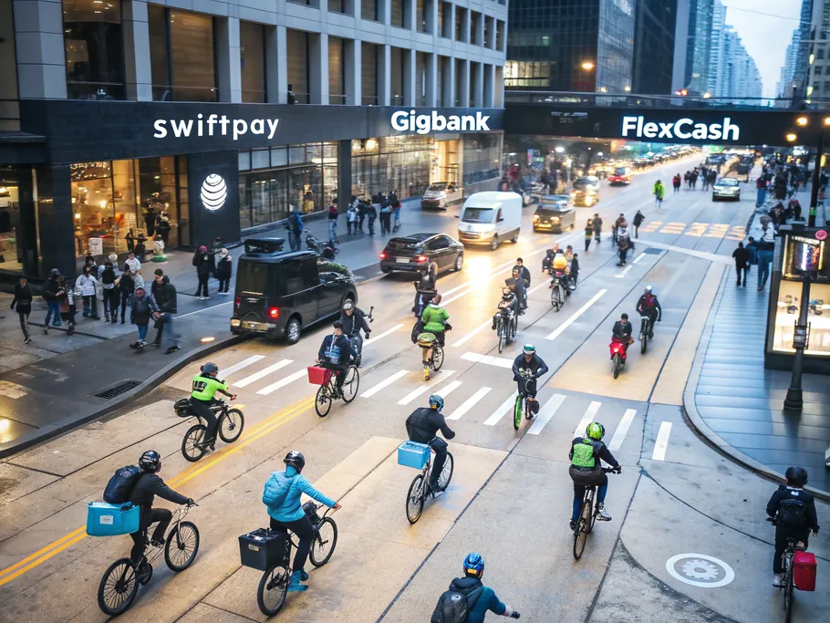 Aerial view of a bustling city street with numerous gig workers and digital fintech app icons competing in a vibrant atmosphere.