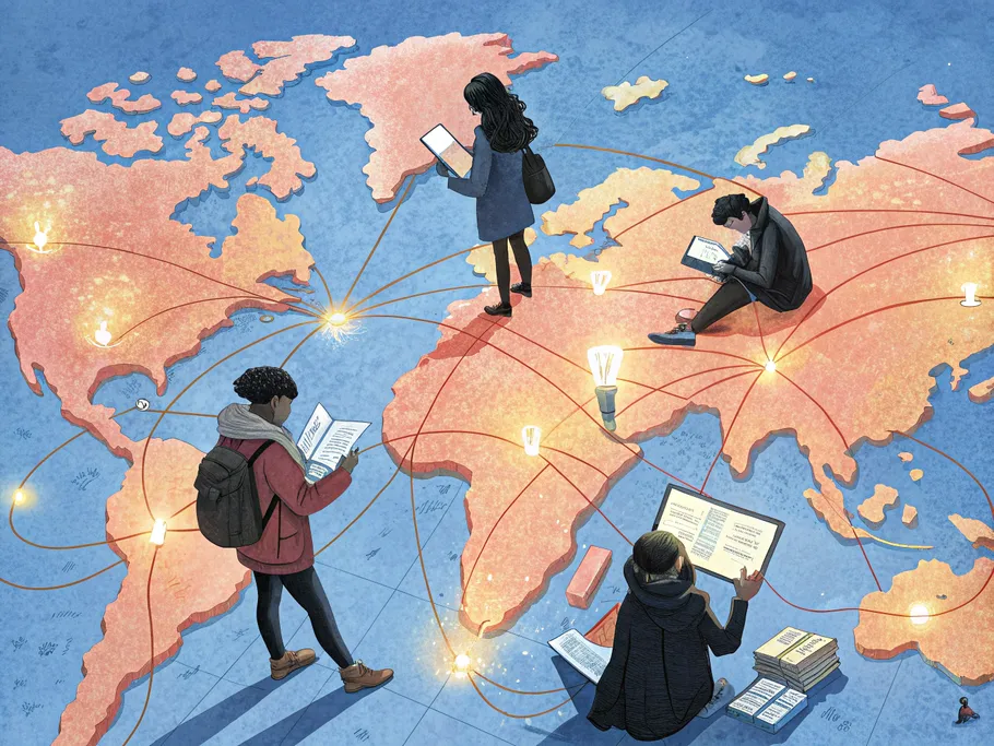 A vibrant overhead view of a stylized world map illustrating global connectivity through e-readers and open books.