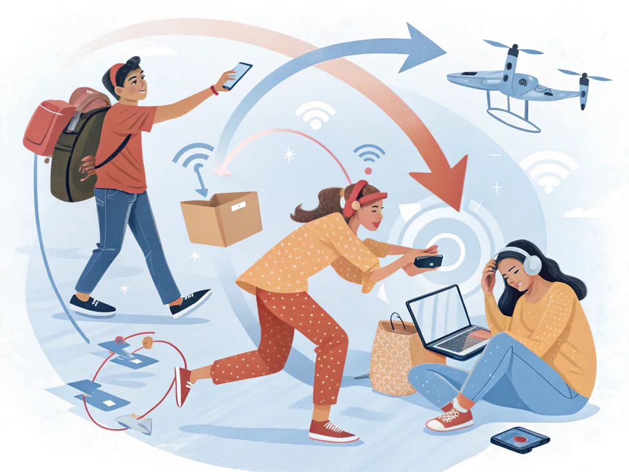 A modern illustration depicting a cycle of technology with consumer electronics, symbolizing access over ownership.
