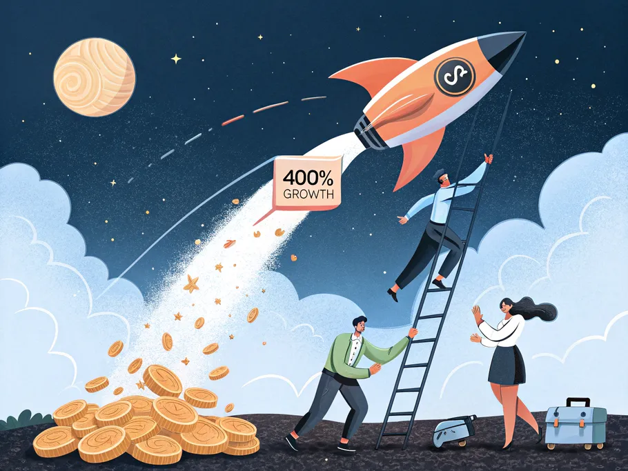A whimsical illustration of a bar graph soaring upwards like a rocket, featuring a dollar sign fin and a '400% GROWTH' label, with employees climbing a ladder amid raining gold coins.