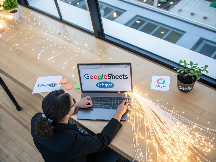 A modern desk with an open laptop displaying Google Sheets, surrounded by glowing fiber-optic cables connecting to business software icons.