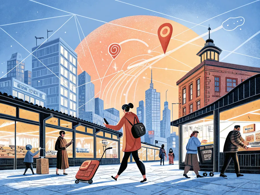 A bustling e-commerce city skyline featuring a futuristic platform representing Route at its center, surrounded by competitor buildings.