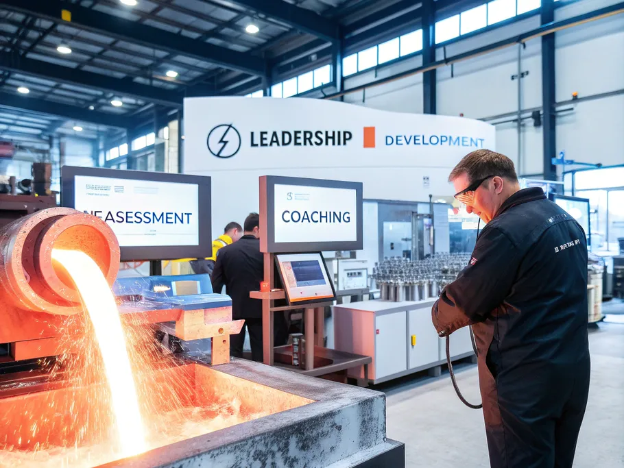 A hyper-realistic depiction of an industrial forge symbolizing leadership development, showcasing molten metal being shaped into polished leadership figures.