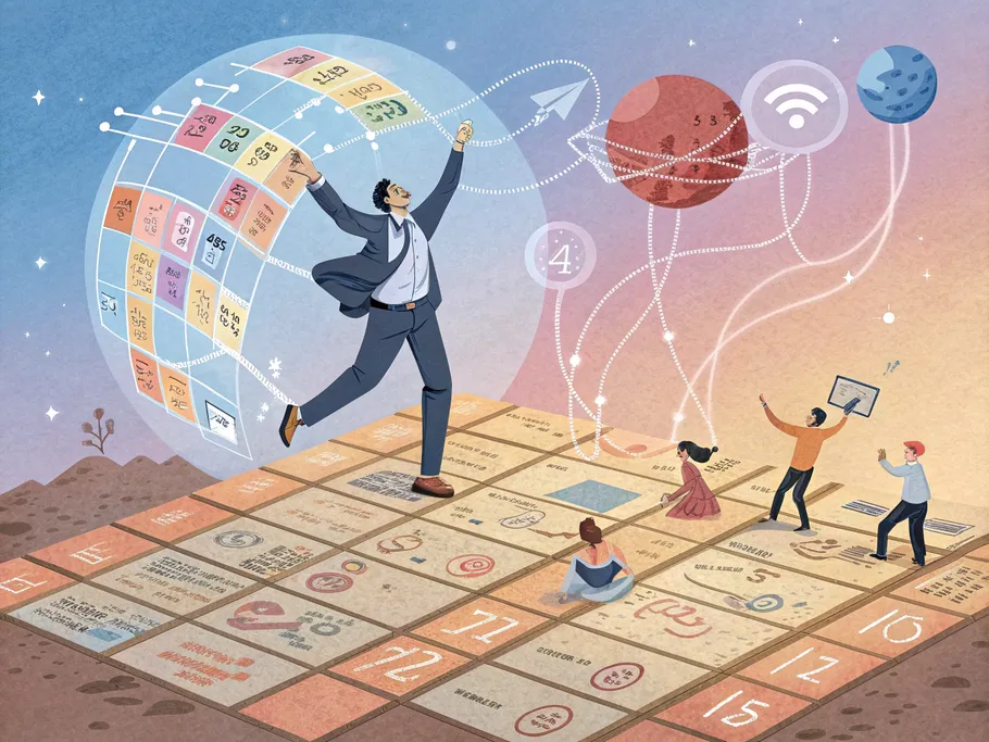 A confident business professional standing on a modern spreadsheet grid, surrounded by floating icons of business systems and data streams.