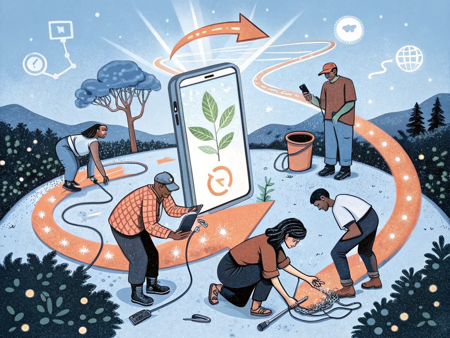 A dynamic illustration showing the circular lifecycle of technology, featuring diverse users handling smartphones and a refurbishment station.
