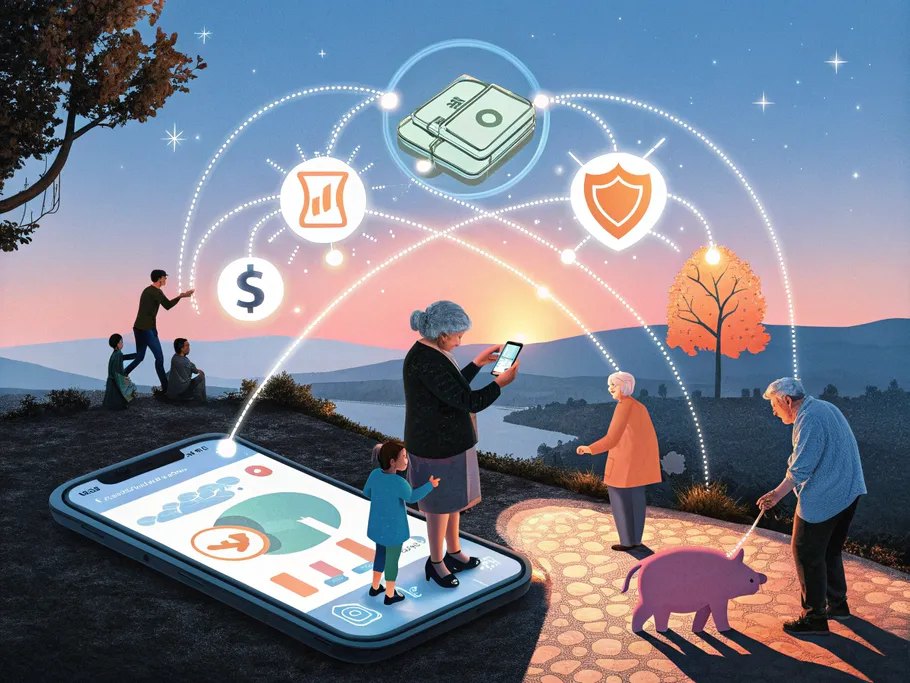 A vibrant illustration of a smartphone surrounded by icons representing various financial services, symbolizing a comprehensive personal finance platform.