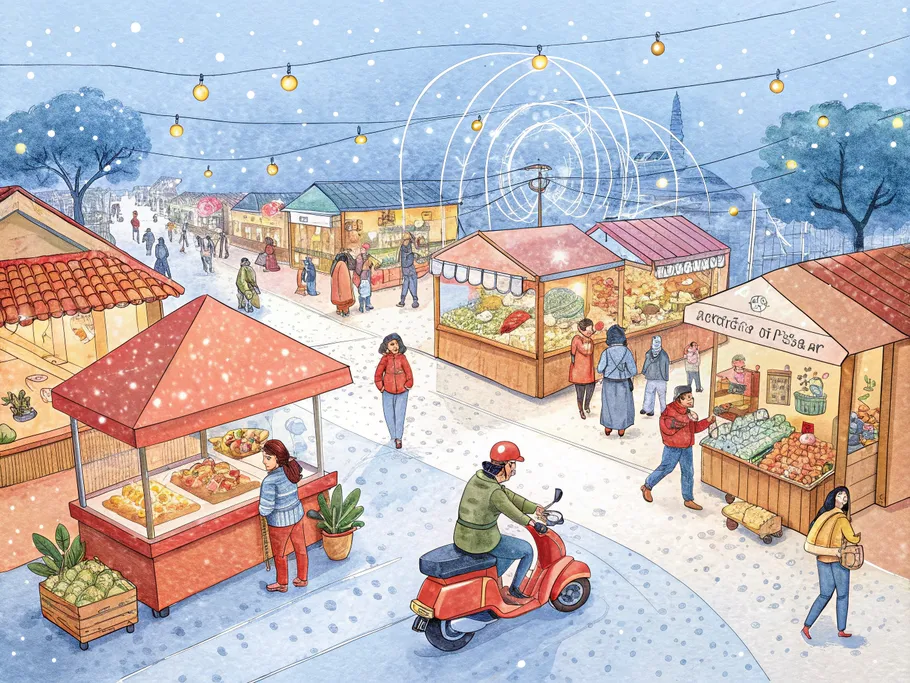 A bustling hyperlocal marketplace with small business stalls and a delivery scooter in the foreground.