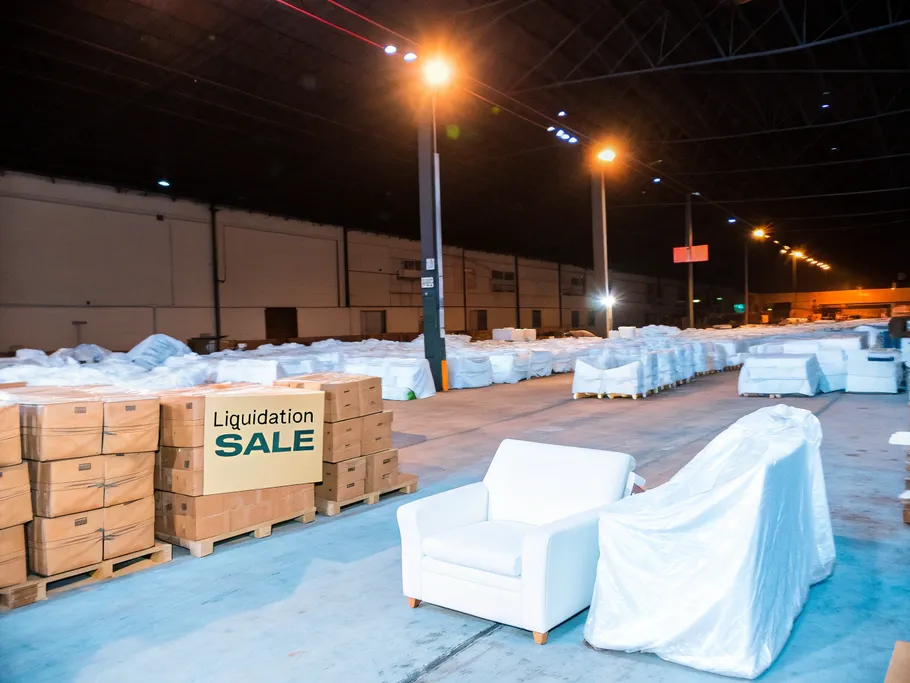 A dimly lit warehouse filled with modern furniture covered in dust sheets, symbolizing business liquidation.