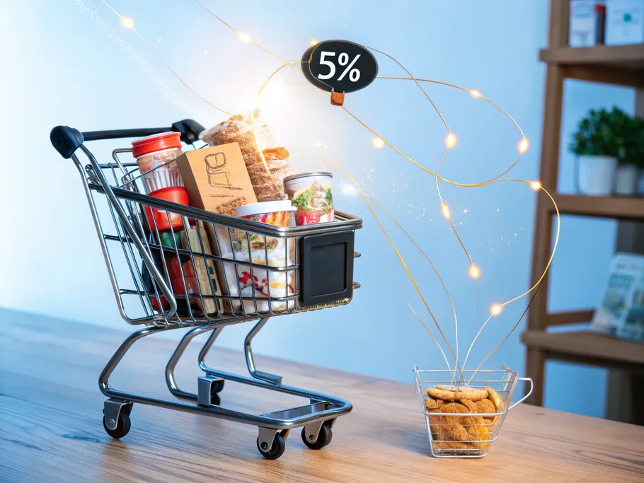 Futuristic shopping cart floating with items representing various store types and a 5% badge.