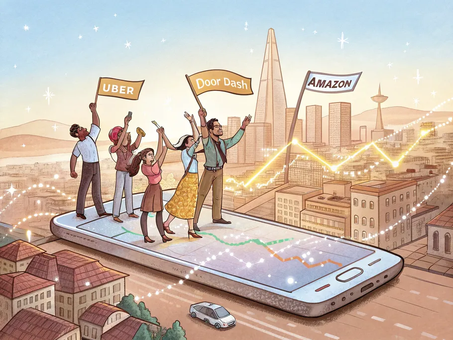 A diverse group of gig workers stands on a glowing smartphone holding signs for Uber, DoorDash, and Amazon, symbolizing the growth of the gig economy.