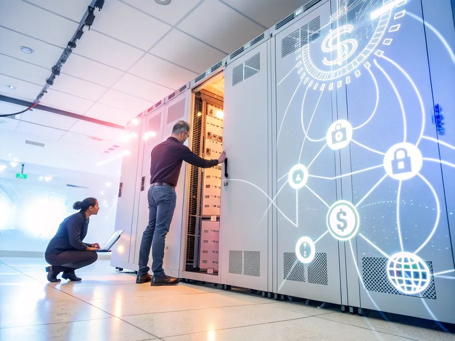 A secure digital vault with a glowing network symbolizing fintech partnerships and financial planning services.