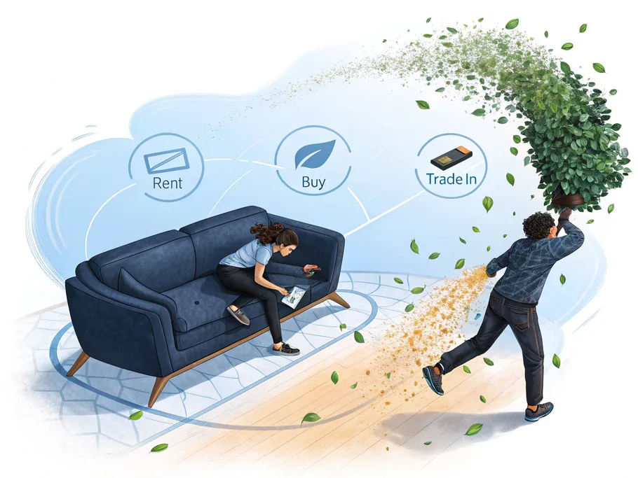 A modern sofa integrating digital particles and eco-friendly leaves, symbolizing the transition between ownership and sustainability in the furniture market.