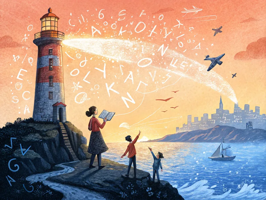 A giant glowing pencil as a lighthouse on an island, surrounded by swirling words and letters in an ocean.