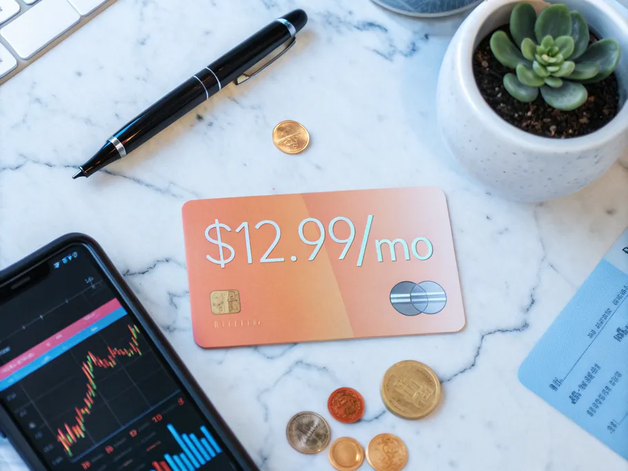 An elegant minimalist credit card displaying '$12.99/mo' on a marble surface, surrounded by financial planning tools.