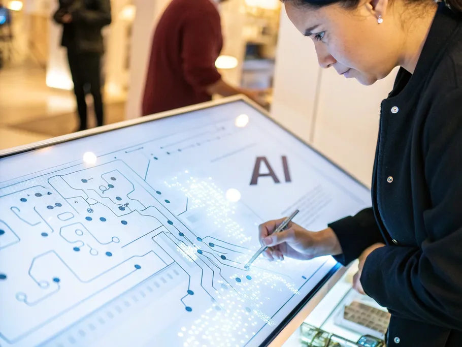 A close-up of a sophisticated AI interface with glowing circuit patterns integrated into a digital screen displaying spreadsheet data.