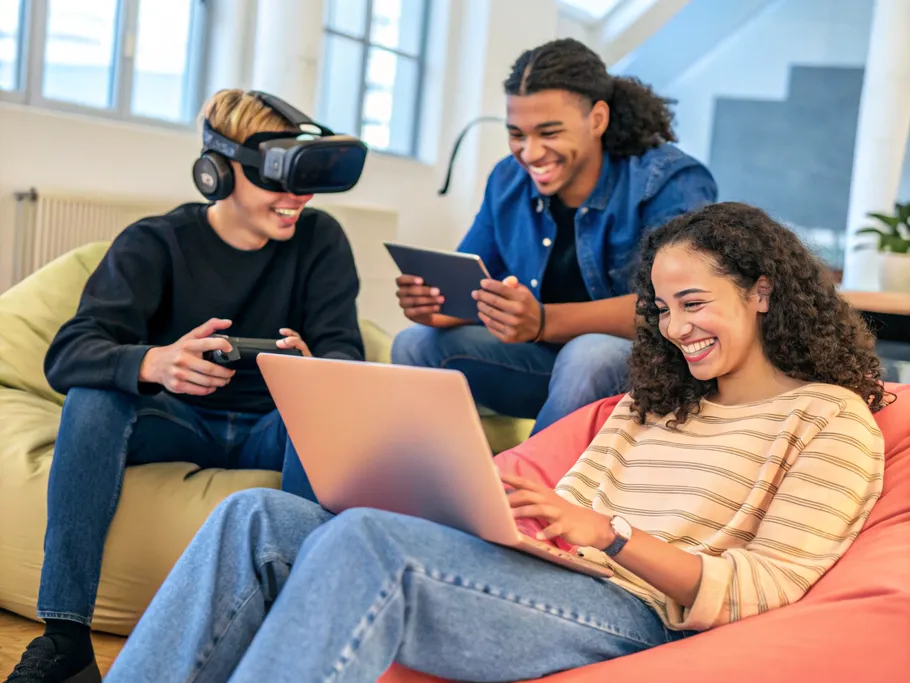 A diverse group of individuals engaged in technology activities, including a student with a laptop, a gamer with a VR headset, and a professional on a tablet.