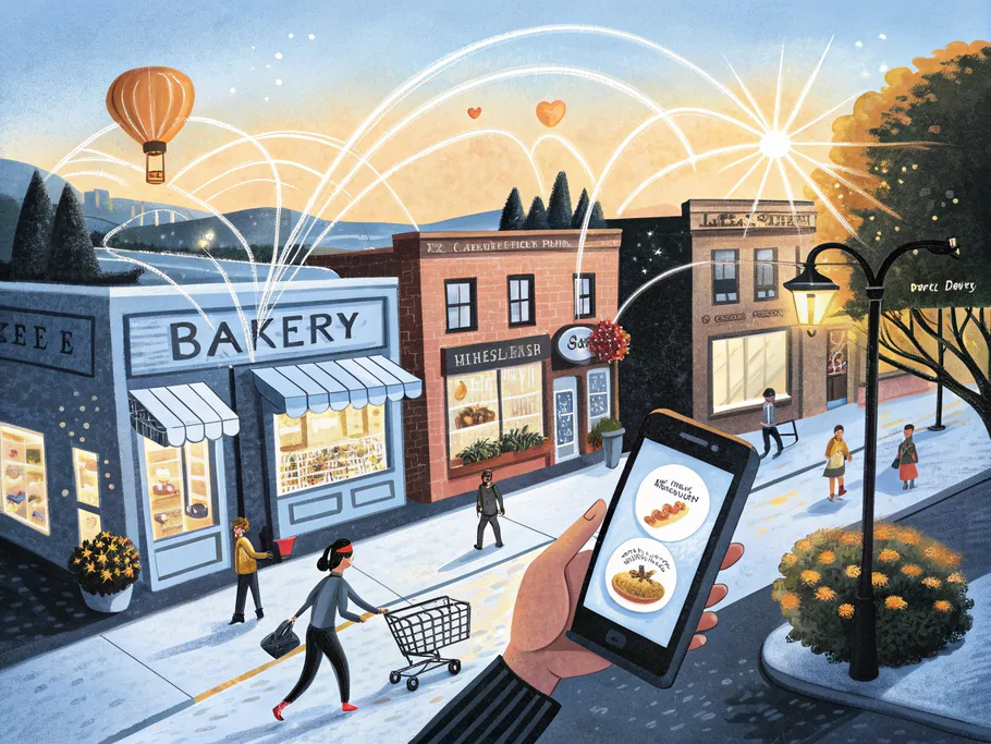 A vibrant illustration of a neighborhood street with storefronts and a smartphone displaying a shopping cart, symbolizing location-based services.