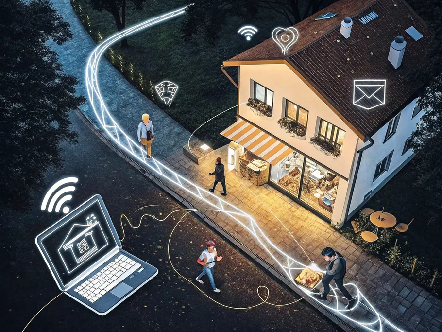 A digital pathway connecting a sleek laptop icon representing a merchant's store to a modern house icon depicting a customer's home, with a package moving along the pathway.