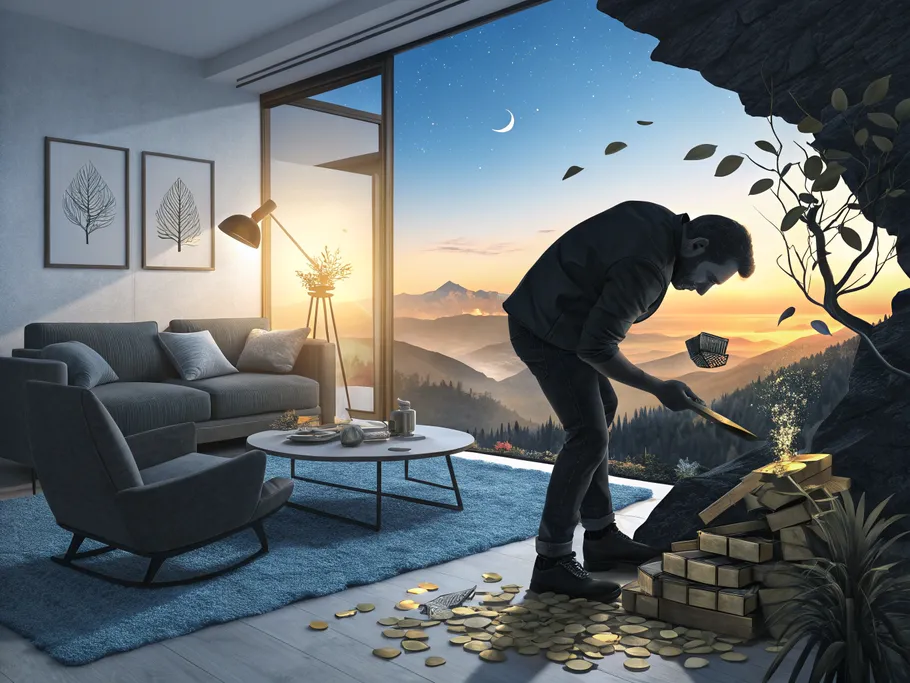 A modern living room scene illustrating the concept of transformation in the circular economy.