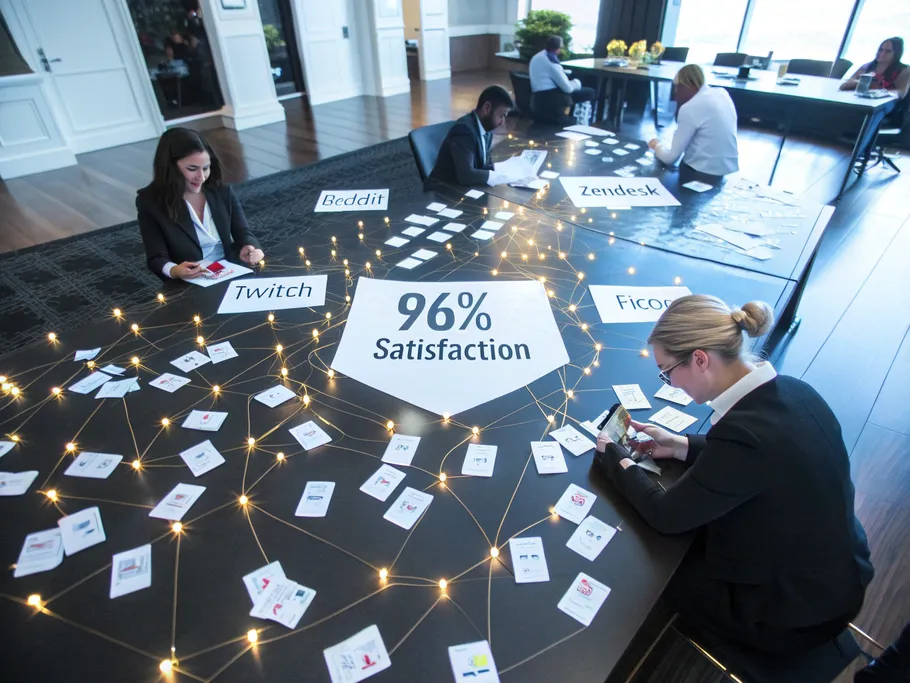 Aerial view of a polished obsidian conference room table with glowing testimonial cards, symbolizing leadership transformation and corporate leadership coaching.