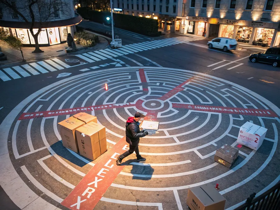Aerial view of a complex maze of city streets with a delivery person at a crossroads.